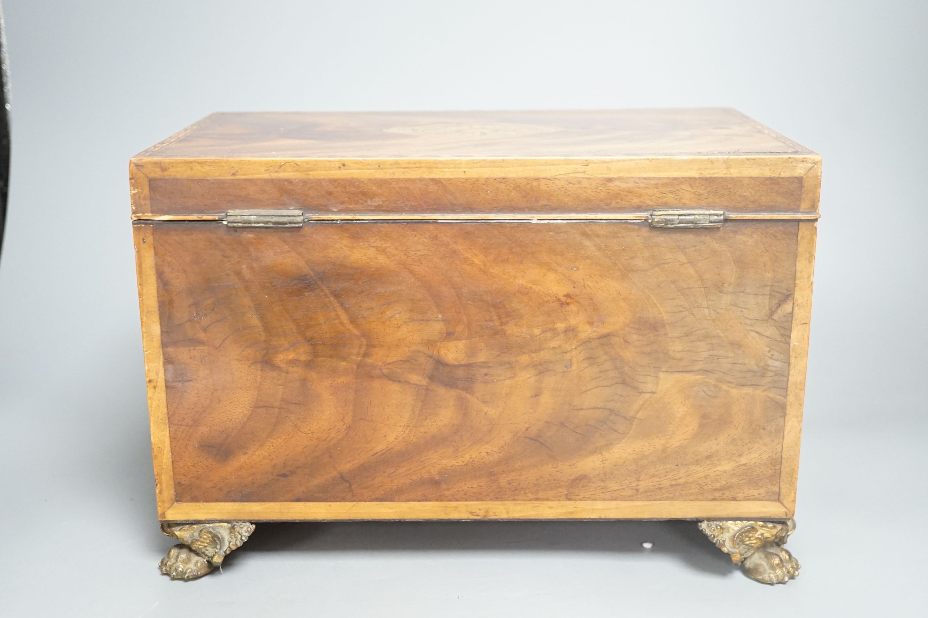 A late George III mahogany and marquetry tea caddy, 31cm foot to foot